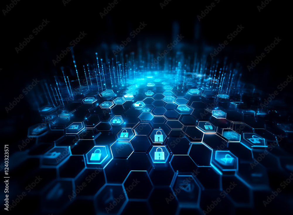 Aufkleber Abstract digital illustration of a futuristic cybersecurity network.  Hexagonal grid displays glowing blue security icons, representing data protection and digital safety.