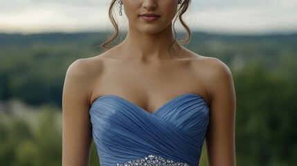 Elegant One shoulder icy blue prom dress with a crystal encrusted waist and shimmering chiffon layers fluttering in the wind outdoor evening look 