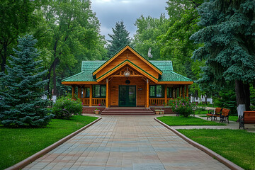 Fototapeta premium Wooden park chapel, tranquil garden, green trees