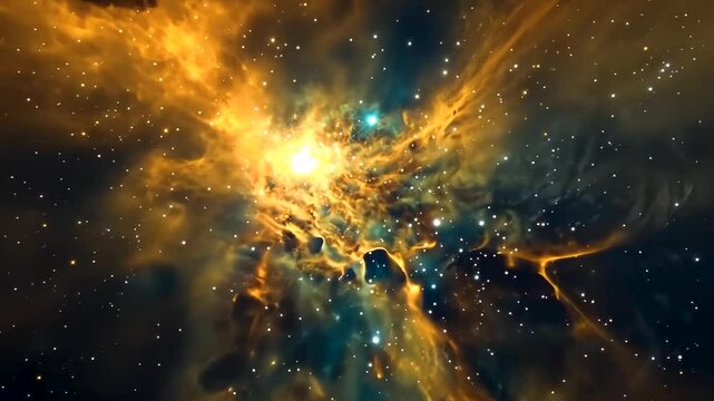 Fantasy animation scene cosmic dance. A mesmerizing cosmic spectacle unfolds, with swirling nebulae in vibrant hues of golden yellow and deep blue, shimmering amidst a field of distant stars.
