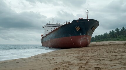 Elegant Rusted abandoned oil tanker stranded on a sandy beach with weathered paint and dramatic storm clouds rolling in 