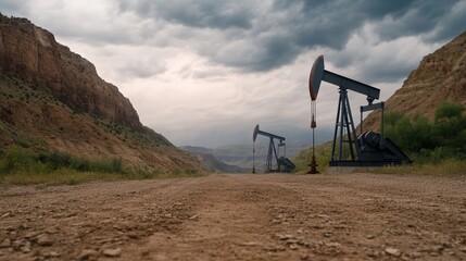 Fototapeta premium Elegant Shale oil extraction site with pumpjacks in motion framed by a rugged canyon and dramatic storm clouds rolling in 