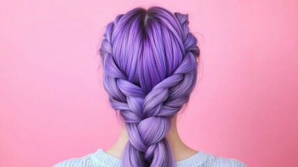 Stunning close up portrait of a woman with a braided crown hairstyle in a vivid lavender and silver color featuring flowing curls and a vibrant fashionable aesthetic against a pink studio background