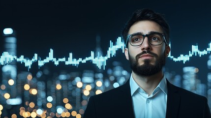 Businessman Contemplates Economic Challenges Amid Urban Nightscape with Data Visualization