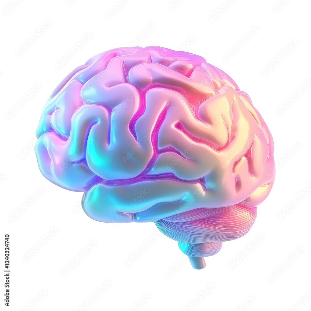 Poster A digitally rendered iridescent human brain model with a smooth glossy surface is displayed against a black background.