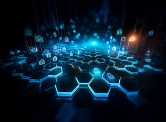 Fototapeta premium Abstract digital landscape of glowing hexagons and floating home icons, representing a smart home network or IoT technology. Cybersecurity, connectivity, and data are implied.