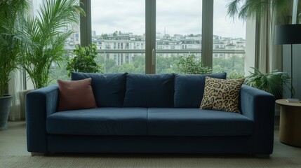 Elegant Vibrant maximalist living space with velvet sofas tropical plants animal print accents and abstract art on deep colored walls lush and lively design 