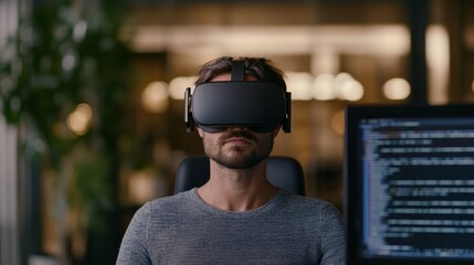 Elegant Virtual reality headset and coding scripts side by side on a modern desk tech startup innovation and launch preparation 