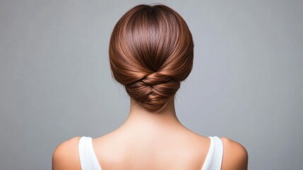 Obraz premium Captivating portrait of a woman showcasing a braided low bun hairstyle with soft volume at the crown and rich chocolate brown hair accentuated by warm cinnamon highlights