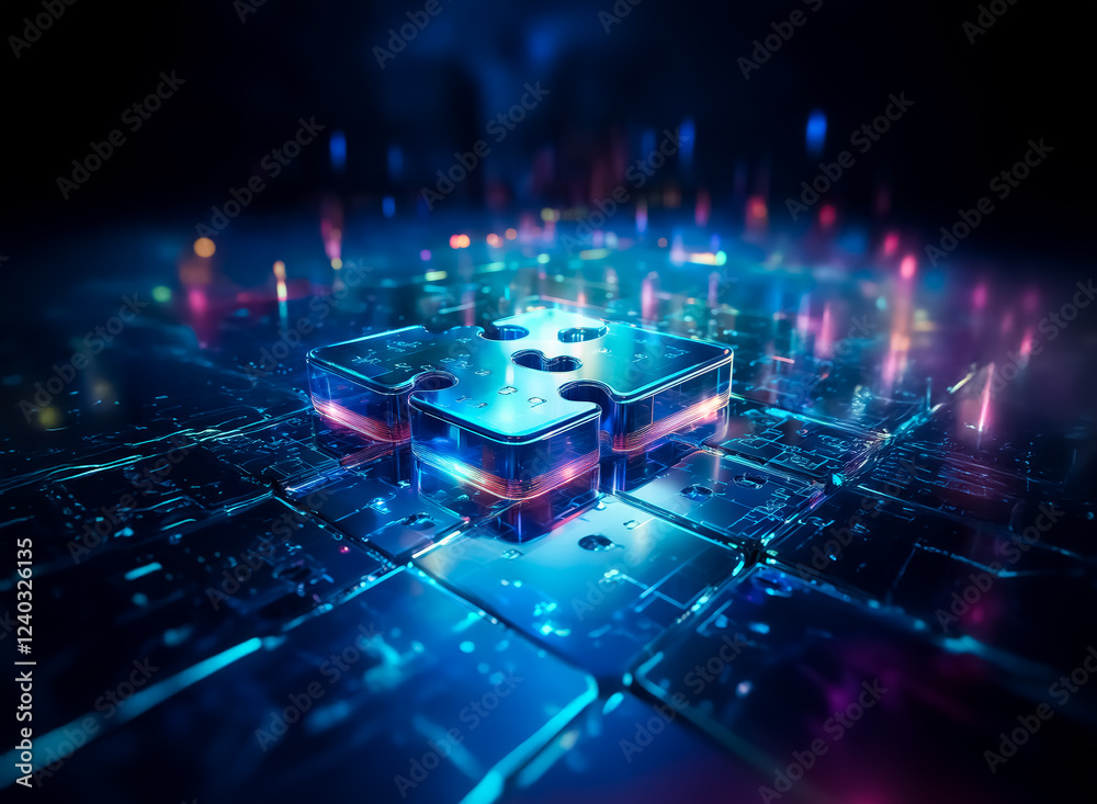 Aufkleber Glowing puzzle piece, a symbol of connection and problem-solving, rests on a futuristic, reflective surface.  Digital technology, network, and integration are implied.