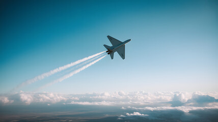 Fototapeta premium Supersonic jet flying at high speed through clear blue sky, leaving a long vapor trail, minimalistic design with ample copy space for text or graphics. Aviation and speed concept.