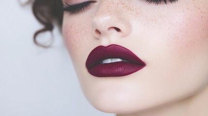 Naklejka premium Closeup portrait showcasing a striking makeup look with bold plum lipstick dramatic double winged eyeliner and a touch of dusty mauve blush for a captivating sophisticated and feminine effect