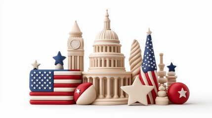 Stylized 3D Render of US and UK Landmarks with Flags