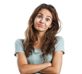 Young woman making a skeptical face with arms crossed, isolated on transparent cutout background