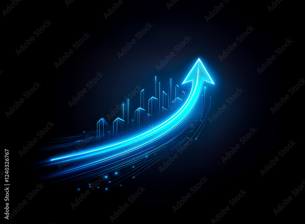 Poster glowing blue arrow ascends, symbolizing growth and progress. a futuristic cityscape is embedded alon
