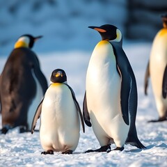 Obraz premium Penguins living in Antarctica. This is the penguin family. Mother penguin and baby penguin are together. There are other penguins as well.