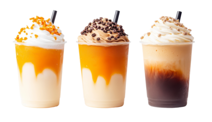 Three Creamy Iced Coffee Drinks with Whipped Cream and Toppings