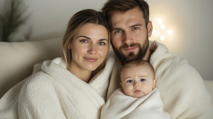 Fototapeta premium Parents wrapped in blankets on couch tired eyes meeting the ceiling baby crying beside them soft TV glow warm cozy tones 