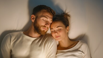 Parents sitting near crib rubbing eyes baby crying overhead mobile spinning walls painted in muted blue tones warm dim night lighting 