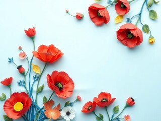 Vibrant paper cut art of bright poppy flowers on soft blue background, nature, bold, bright