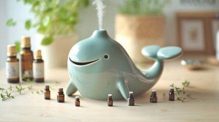 A ceramic diffuser shaped like a smiling whale, surrounded by tiny bottles of essential oils on a light wooden table.