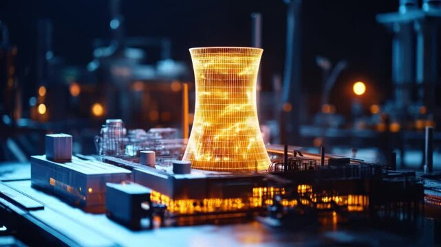 An advanced reactor model illuminated in a darkened studio, showcasing futuristic nuclear technology. 4k video footage