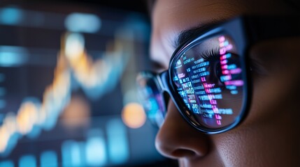 Professional businesswoman reviewing complex code, stock market graphics reflecting in glasses, representing tech driven financial analysis and innovation