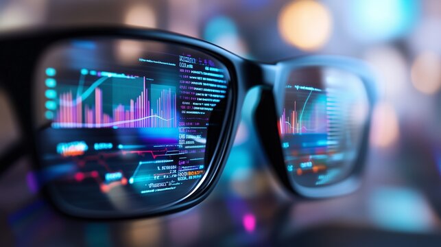 Financial charts, data, code reflecting on eyeglasses, representing tech driven investment analysis and augmented reality in modern finance - Powered by Adobe