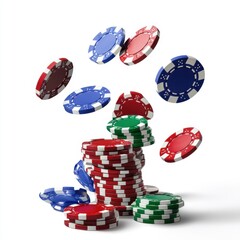 Poker Chips Falling into a Stack: Casino Game, Gambling, Luck, Fortune, Risk, Chance,  Red, Blue, Green, White