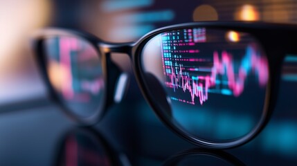 Glasses reflecting glowing stock market charts and programming code, symbolizing financial technology professional analyzing market dynamics