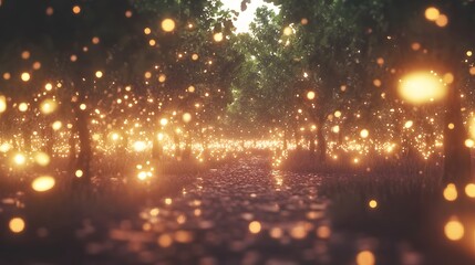 Magical Firefly Forest Path,  Glowing Lights and Trees