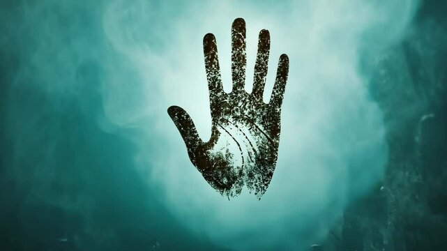 Ghostly handprints slowly fading in across teal misty background, revealing spectral presence penetrating hazy ethereal dimensions