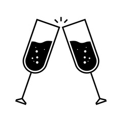 Two sparkling glasses of champagne or wine. Cheers icon.