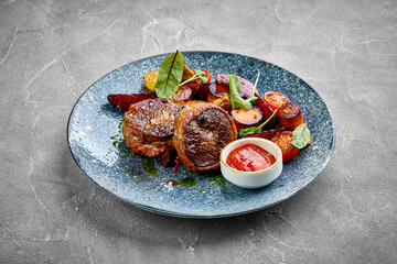A juicy steak served with roasted vegetables and a side of sauce. The vibrant colors and fresh ingredients make this dish a visually appealing and appetizing choice.