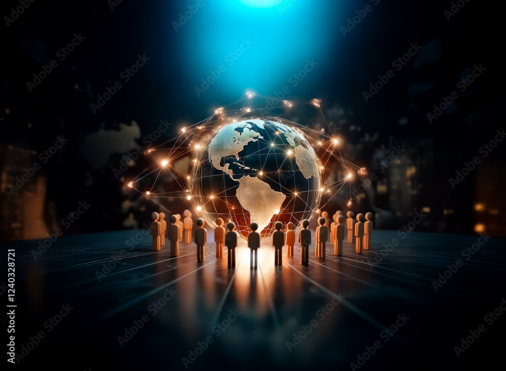 Aufkleber A glowing Earth encircled by interconnected figures symbolizes global unity and communication networks, highlighting modern interconnectedness and collaboration on a worldwide scale.