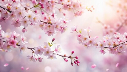 Fototapeta premium Delicate pink blossoms on flowering branches, a gentle springtime scene with soft light and falling petals, creating a serene and tranquil ambiance.