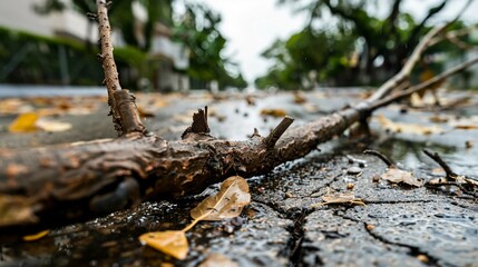 Broken tree branch on cracked pavement surrounded by scattered leaves and debris, depicting aftermath of strong winds and stormy weather, environmental damage concept.