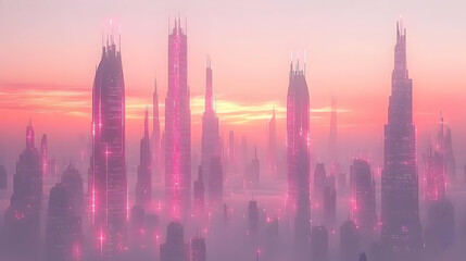 Obraz premium Pink futuristic city skyline at sunset, misty background, sci-fi artwork