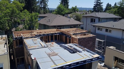 Fototapeta premium Rooftop view of rain gutter installation in progress with tools and materials visible.
