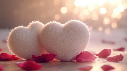 Fototapeta premium Two hearts are on a table with pink petals