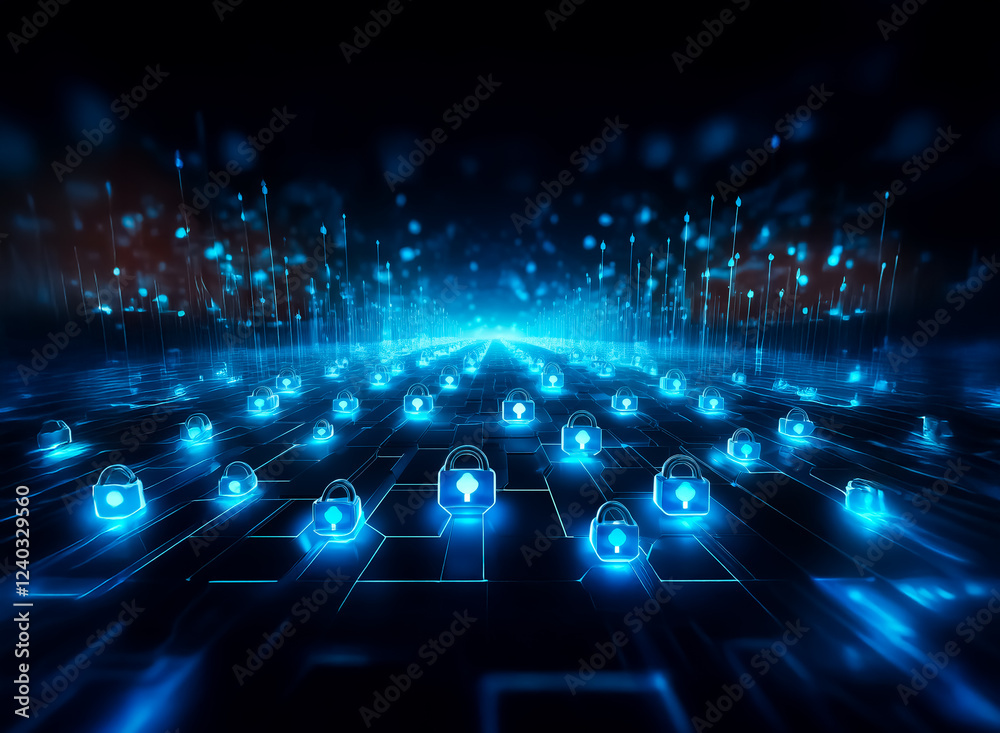 Aufkleber Abstract digital landscape with glowing blue padlocks arranged on a circuit board pattern, representing cybersecurity and data protection.  A futuristic and secure network is implied.