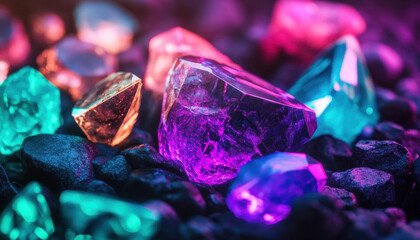 Fototapeta premium Colorful glowing gemstones scattered on dark stones create mesmerizing display. vibrant hues of purple, blue, and green evoke sense of wonder and beauty