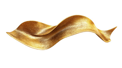 A digitally rendered image showcases an elegant flowing gold wave against a black background; its texture and sheen are highlighted.