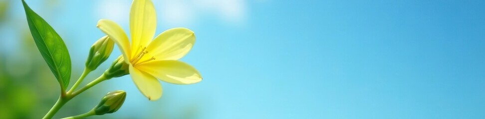 Obraz premium A delicate lemon flower with its matching green leaves rests against a serene blue sky, earthy, soothing, natural