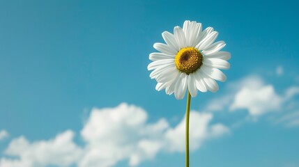 Single Daisy Against Blue Sky and Clouds