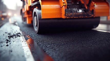 Smooth black asphalt being spread evenly by a paving machine on a highway.