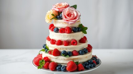Three tiered colorful cake with fruit and flower decor on stand, raspberries, flower, fruit