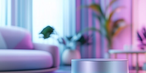 Metallic podium gleaming under neon illumination, standing in minimalist living space, highlighting contemporary product display with sleek urban aesthetic