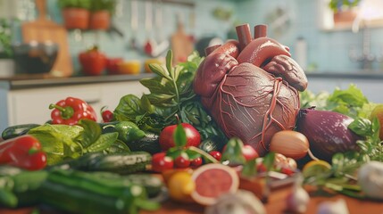 Fototapeta premium Close-up of a human heart model surrounded by fresh vegetables and fruits, symbolizing healthy cholesterol management and heart health. Concept of nutrition, wellness, and balanced diet for cardiovasc