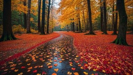 A vibrant autumn forest scene with heart-shaped leaves scattered on the ground.